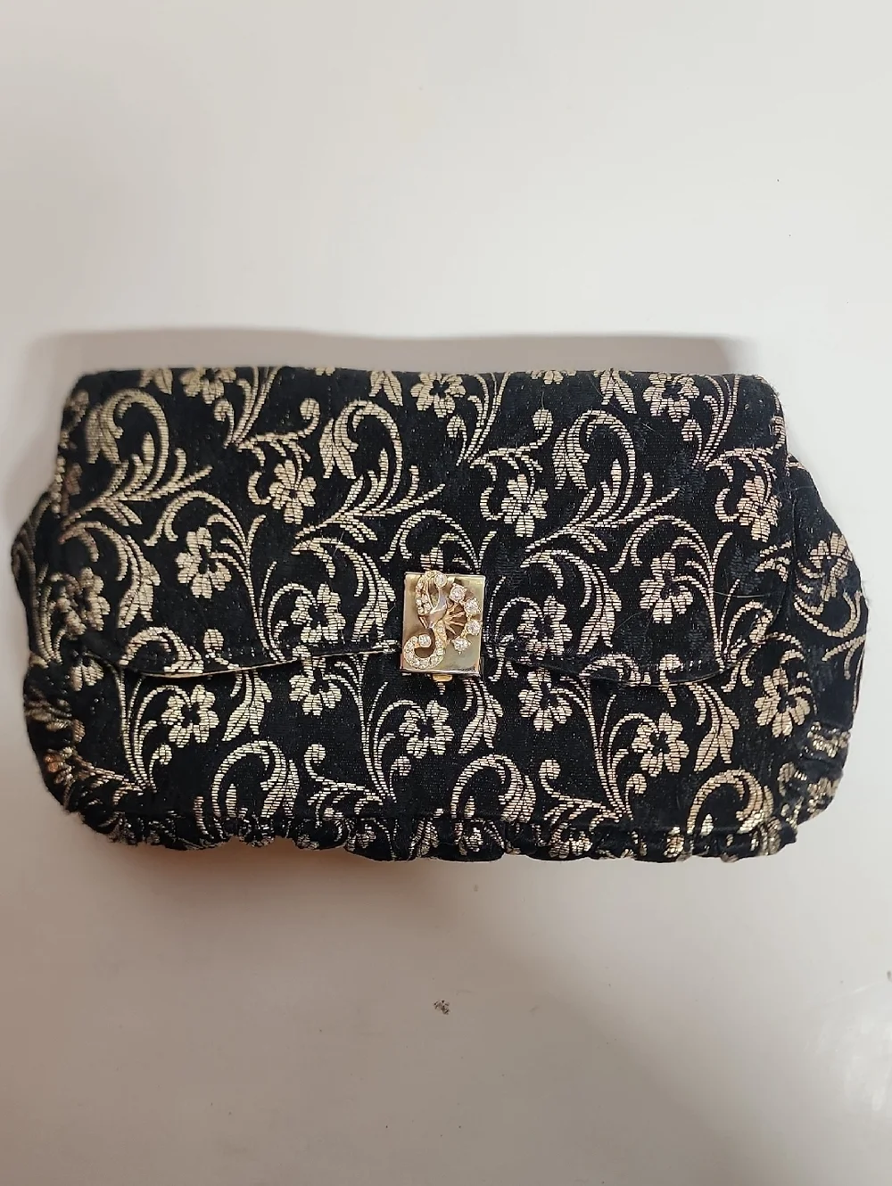 Bags By GARAY Vintage Elegant Black&Gold Floral Belt Loop Clutch Ren Faire Royal